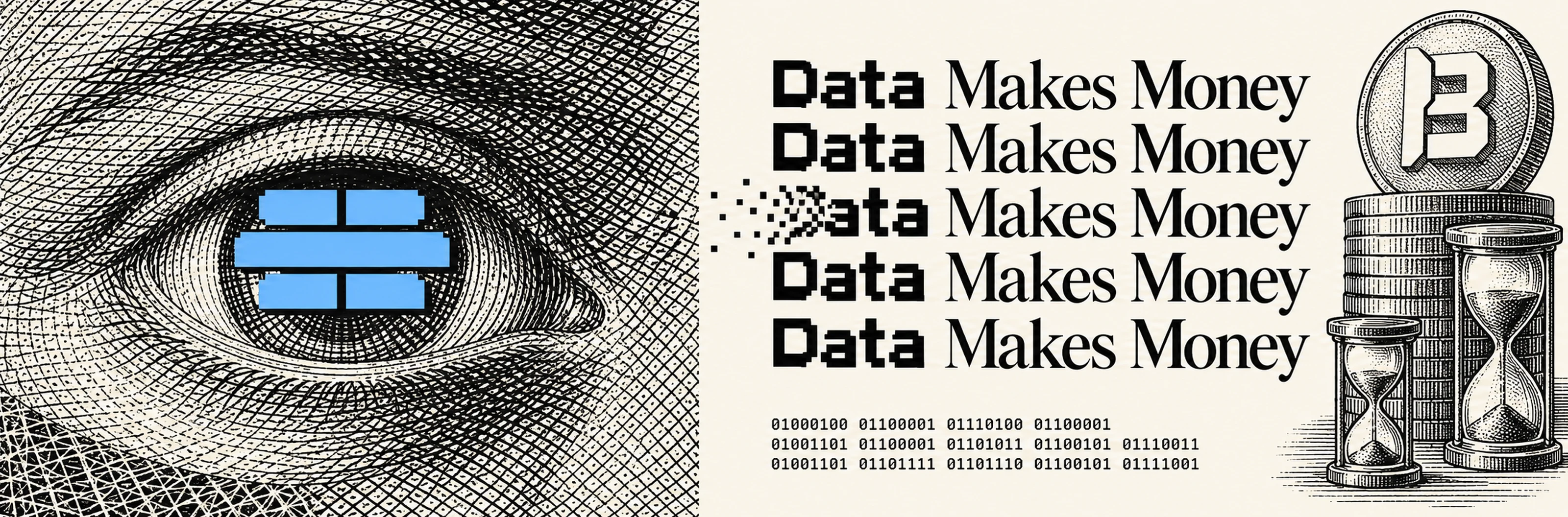 Engraved banknote eye with a green pixel warning triangle, next to rows of Data Makes Money type