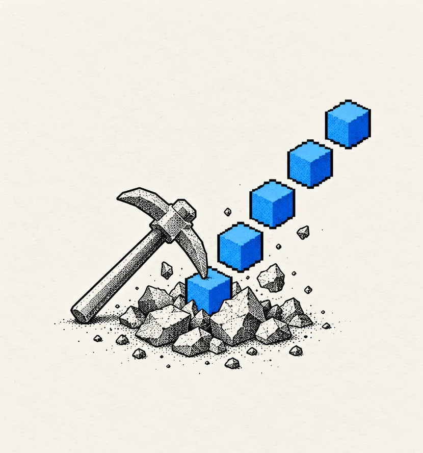 Pixel pickaxe chipping a pie chart into data pixels